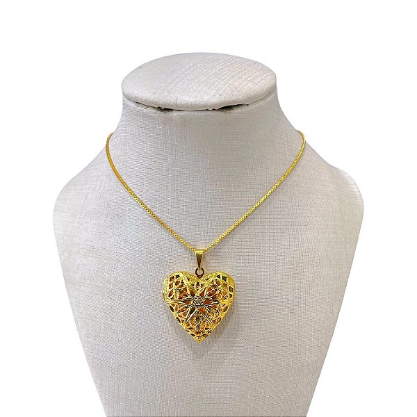 Colar Folheado Ouro 18k e Prata 925 Relicário Coração