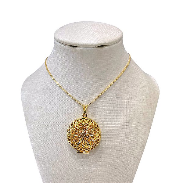 Colar Folheado Ouro 18k e Prata 925 Relicário Redondo