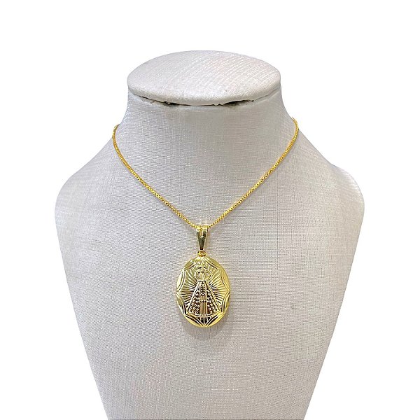 Colar Folheado Ouro 18k e Prata 925 Relicário Oval Nossa Senhora