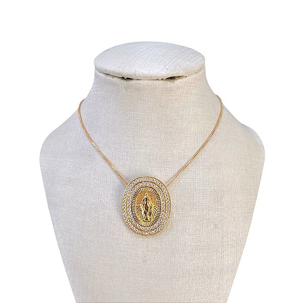 Colar Folheado Ouro 18k e Prata 925 Oval Nossa Senhora das Graças Cravejado