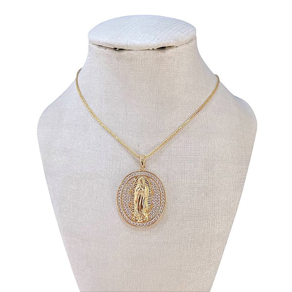 Colar Folheado Ouro 18k e Prata 925 Oval Nossa Senhora de Fatima Cravejada
