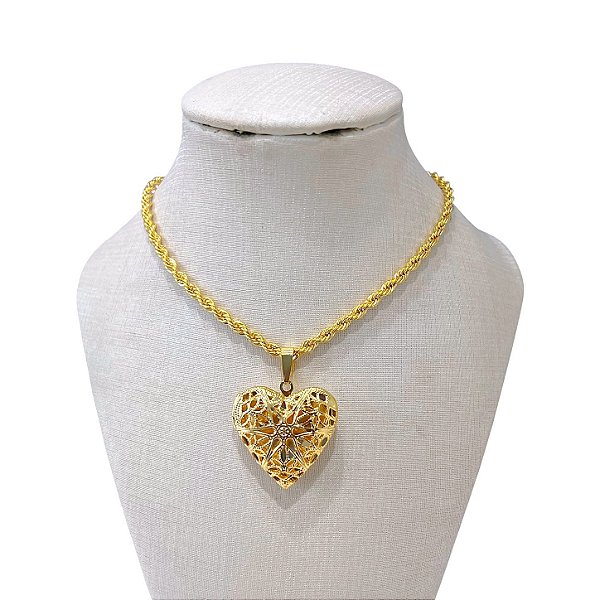 Colar Folheado Ouro 18k e Prata 925 Cordão Baiano Relicário Coração