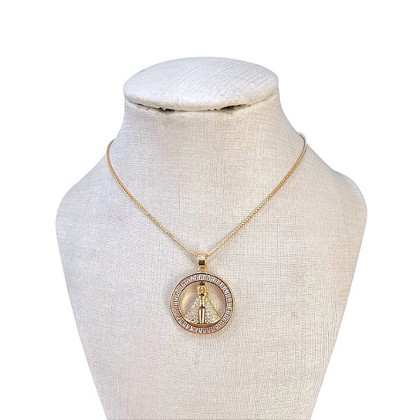 Colar Folheado Ouro 18k e Prata 925 Nossa Senhora Cravejada