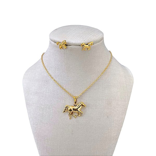 Conjunto Folheado Ouro 18k e Prata 925 Cavalo