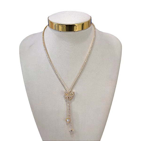 Colar Folheado Ouro 18k e Prata 925 Gravatinha Borboleta Cravejada