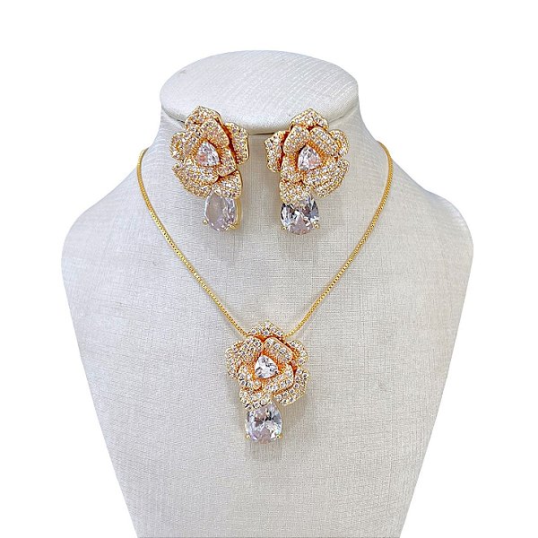 Conjunto Folheado Ouro 18k e Prata 925 Flor Cravejada Gota