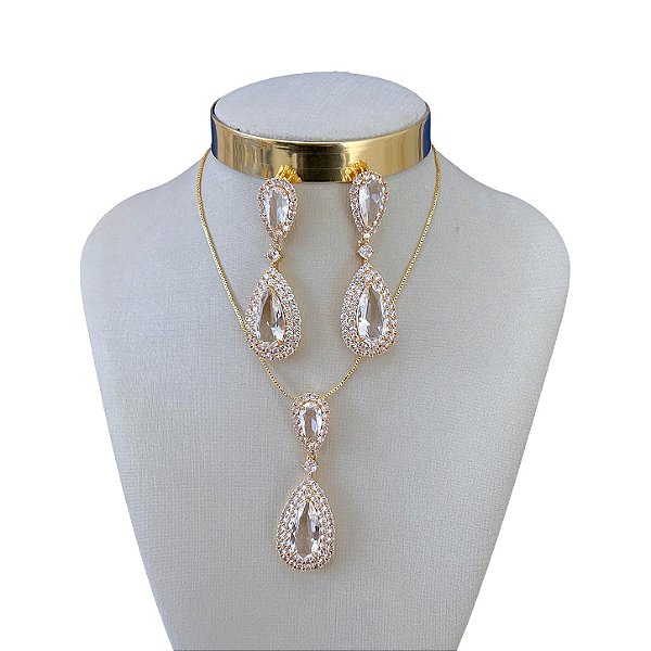 Conjunto Folheado Ouro 18k e Prata 925 Gota Comprida Cravejada