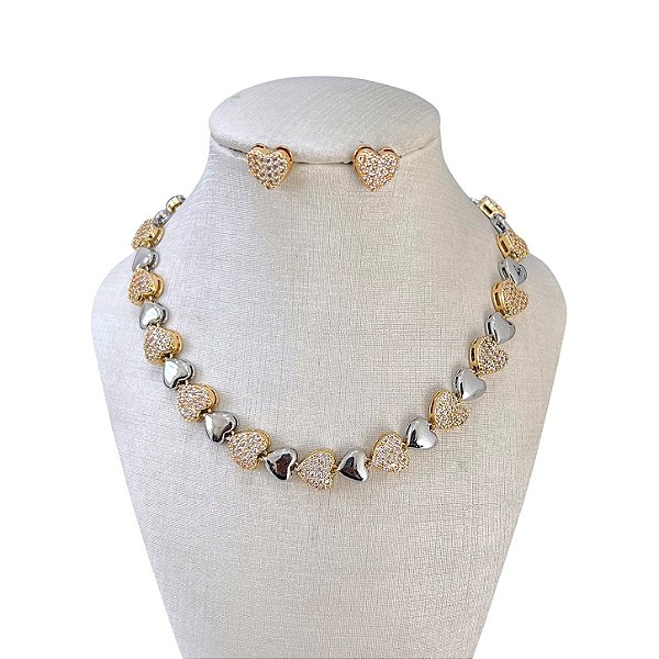 Conjunto Folheado Ouro 18k Coração Cravejado Dois Banhos