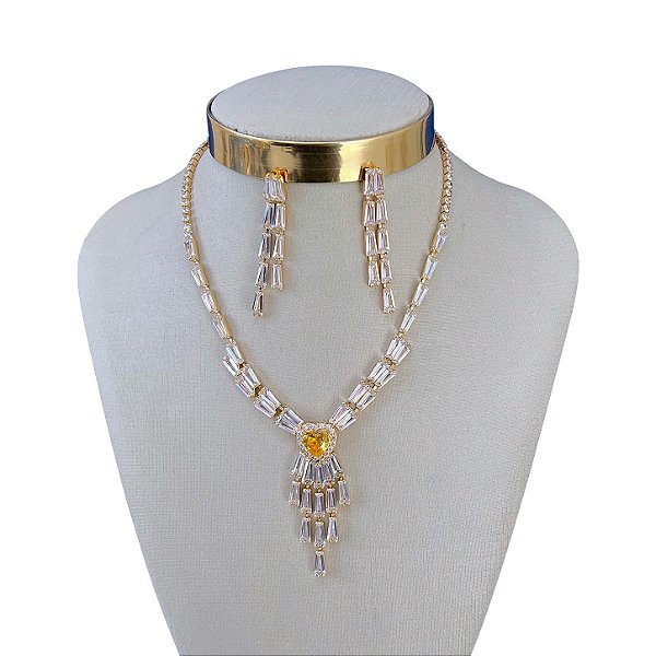 Conjunto Folheado Ouro 18k e Prata 925 Coração Riviera Cravejada