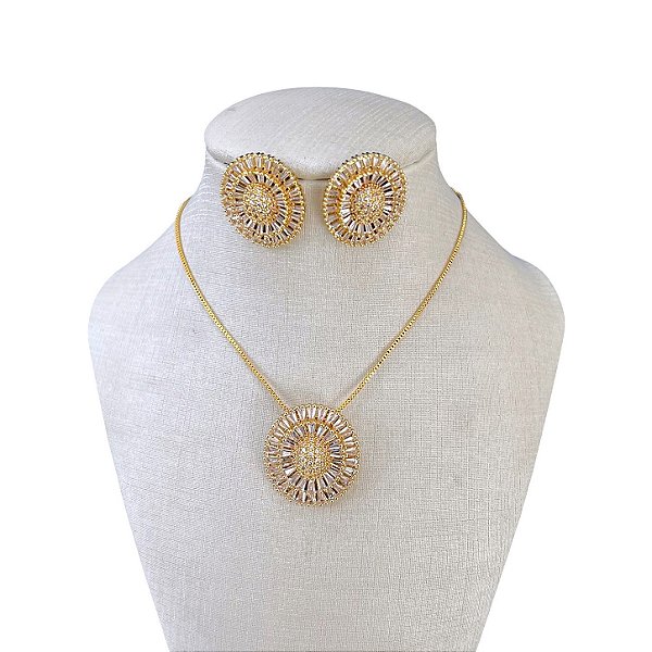 Conjunto Folheado Ouro 18k e Prata 925 Mandala Cravejada