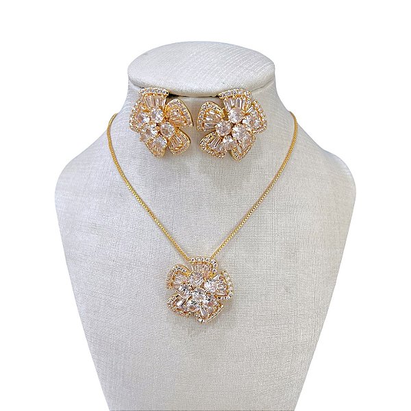 Conjunto Folheado Ouro 18k e Prata 925 Flor Cravejada