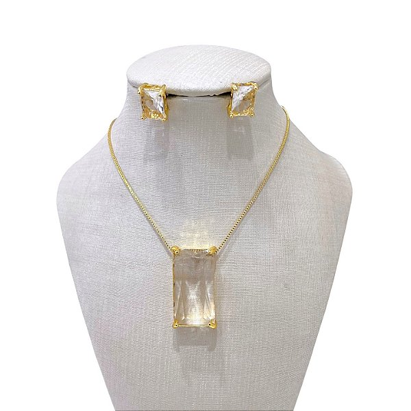 Conjunto Folheado Ouro 18k e Prata 925 Quadrado Cristal