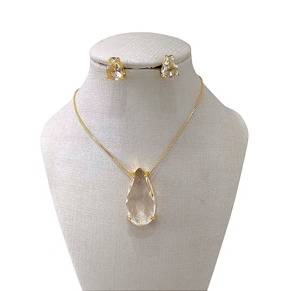 Conjunto Folheado Ouro 18k e Prata 925 Gota Comprida Cristal