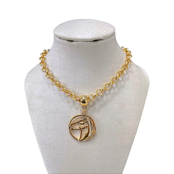 Colar Folheado Ouro 18k Correntaria Elos Português Country Cavalo