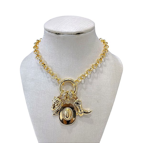 Colar Folheado Ouro 18k Correntaria Elos Português Country Pingentes Strass