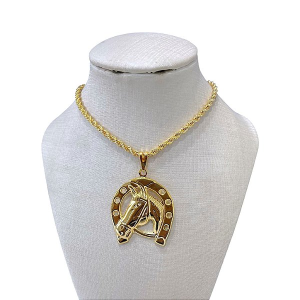 Colar Folheado Ouro 18k Cordão Baiano Country Ferradura Cavalo