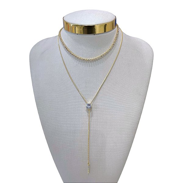Colar Duplo Folheado Ouro 18k Riviera Gravatinha Ponto de Luz