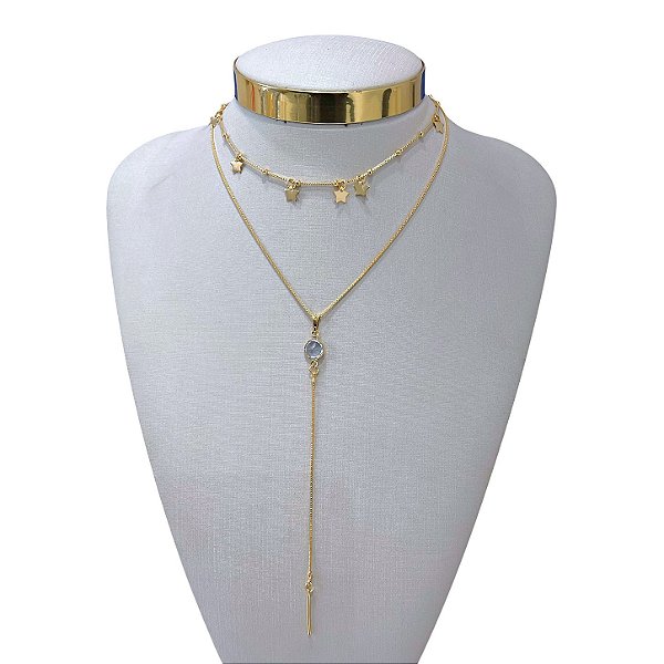 Colar Duplo Folheado Ouro 18k Bolinhas Gravatinha Estrela Ponto de Luz