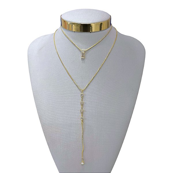 Colar Duplo Folheado Ouro 18k Gravatinha Ponto de Luz