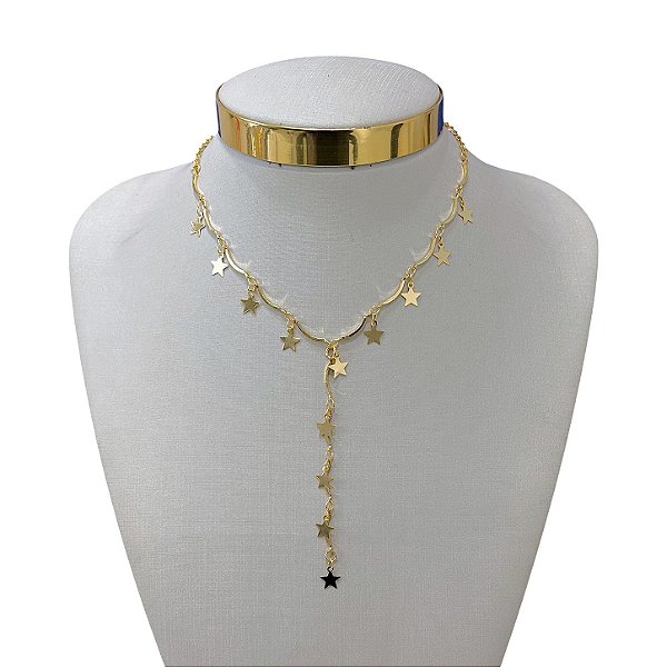 Colar Folheado Ouro 18k Gravatinha Estrelas