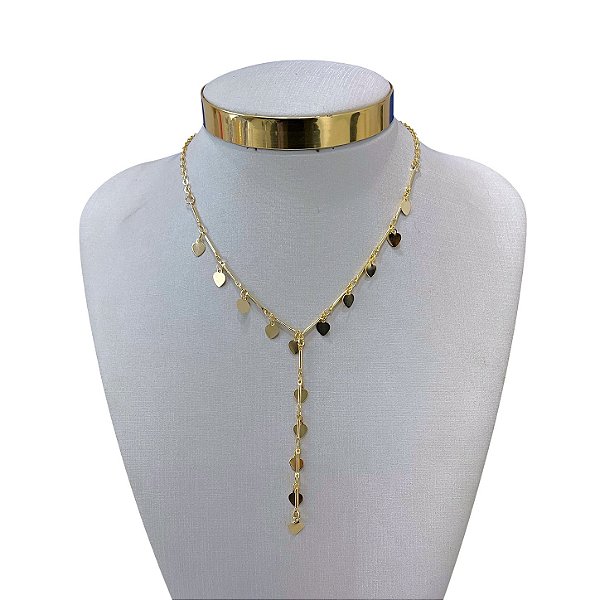 Colar Folheado Ouro 18k Gravatinha Corações