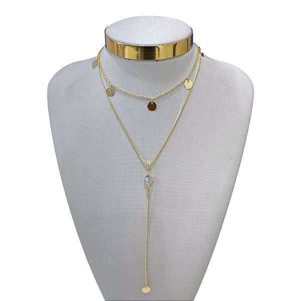 Colar Duplo Folheado Ouro 18k Discos Gravatinha Ponto de Luz