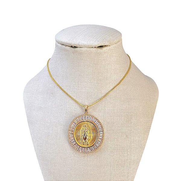 Colar Folheado Ouro 18k e Prata 925 Nossa Senhora das Graças Cravejado