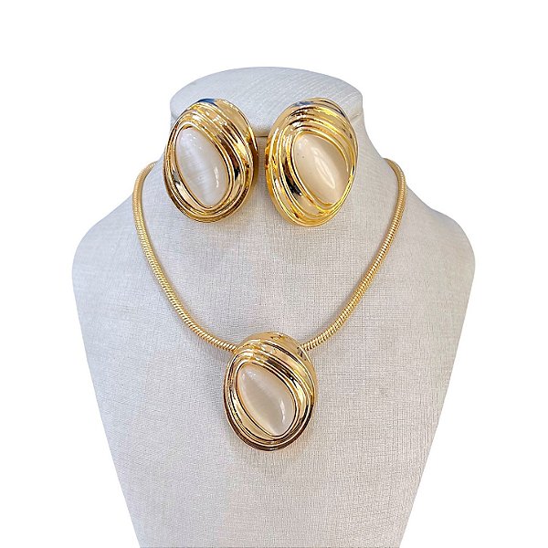 Conjunto Folheado Ouro 18k e Prata 925 Pedraria Oval Orgânico Malha