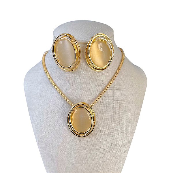 Conjunto Folheado Ouro 18k e Prata 925 Pedraria Oval Tiras Malha