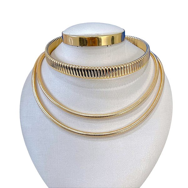 Choker Aro Bijuteria Dourado e Prata Espiral Três Voltas