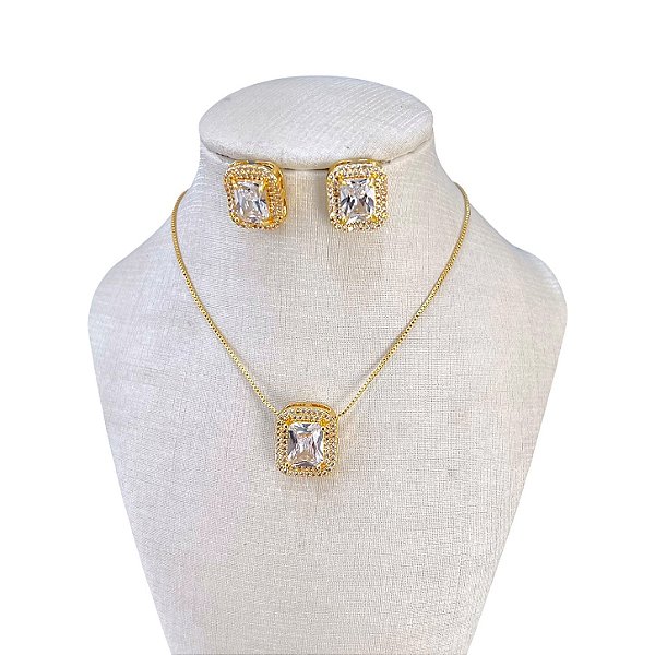 Conjunto Folheado Ouro 18k e Prata 925 Quadrado Cristal Cravejado