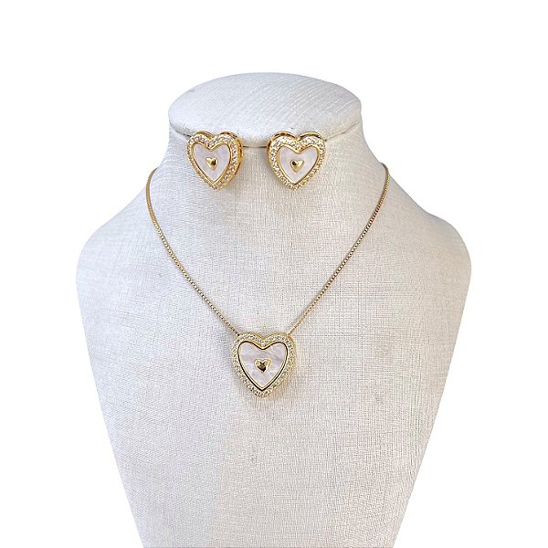 Conjunto Folheado Ouro 18k e Prata 925 Coração Cravejado Madrepérola