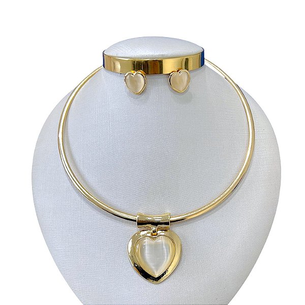 Conjunto Aro Bijuteria Coração Pedraria