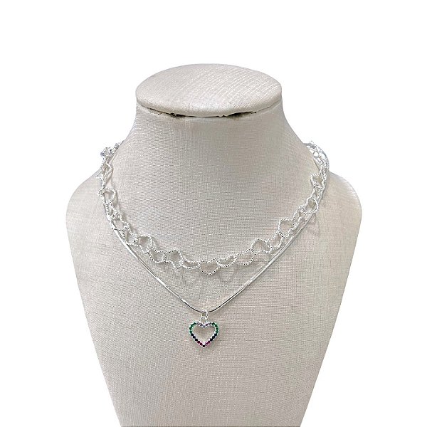 Choker Dupla Folheada Ouro 18k e Prata 925 Elos Corações