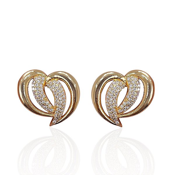 Brinco Folheado Ouro 18k e Prata 925 Coração Cravejado