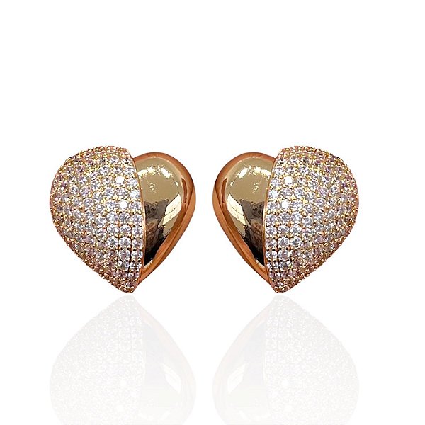 Brinco Folheado Ouro 18k e Prata 925 Coração Cravejado