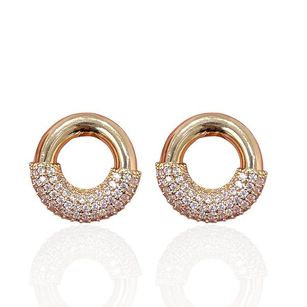 Brinco Folheado Ouro 18k e Prata 925 Redondo Vazado Cravejado