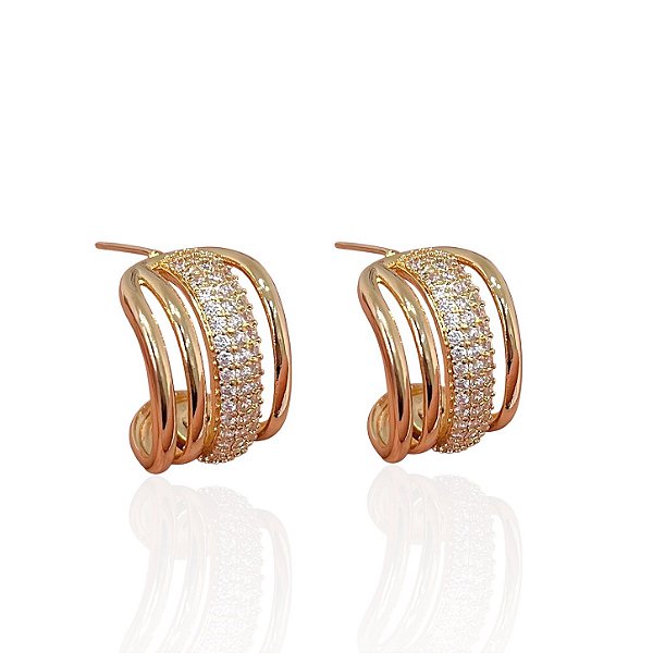 Brinco Folheado Ouro 18k e Prata 925 Argola Tiras Cravejada