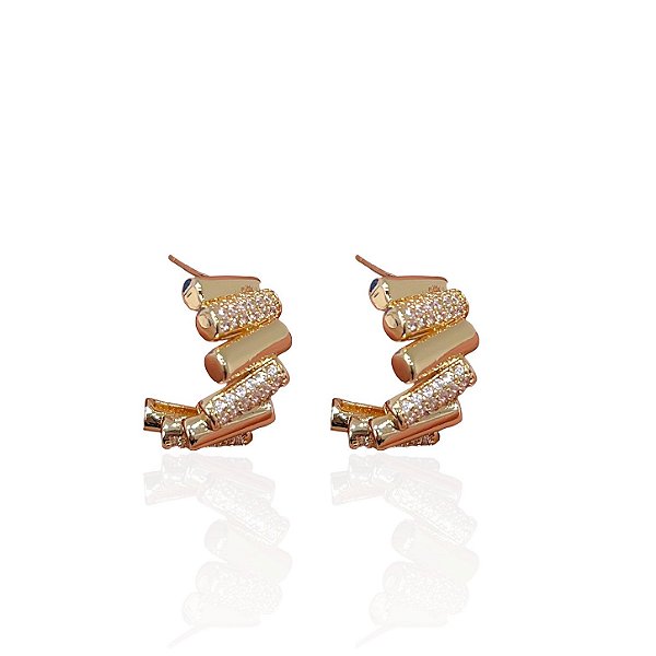 Brinco Folheado Ouro 18k e Prata 925 Argola palitos Cravejado