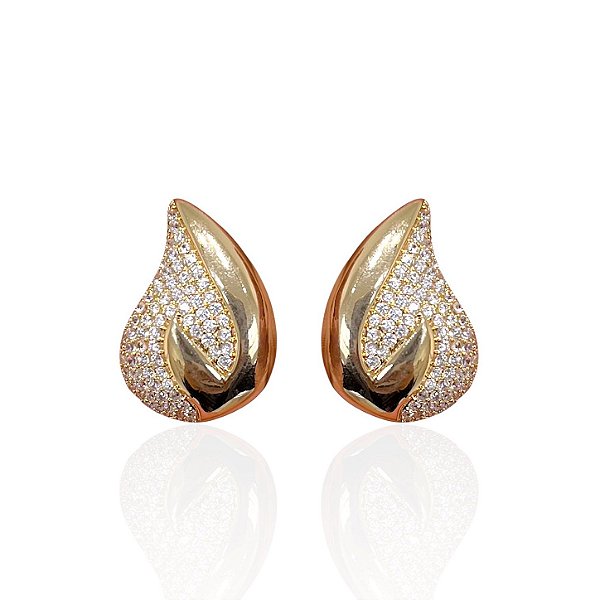 Brinco Folheado Ouro 18k e Prata 925 Gota Cravejada