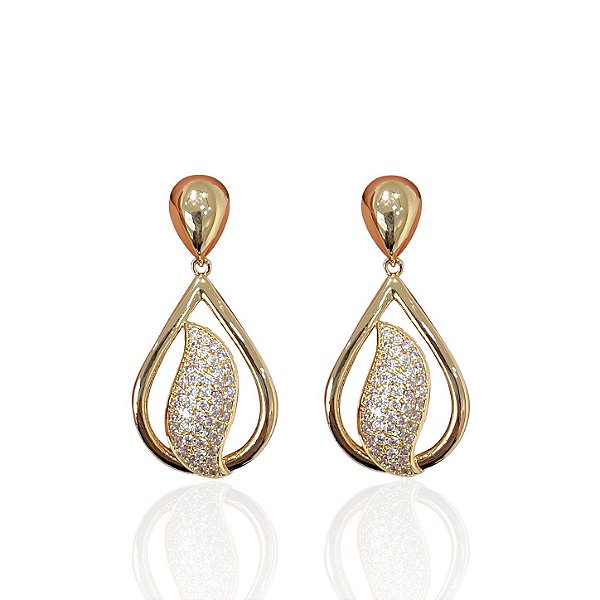 Brinco Folheado Ouro 18k e Prata 925 Gota Cravejada