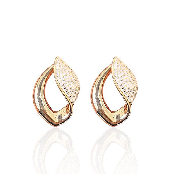 Brinco Folheado Ouro 18k e Prata 925 Orgânico Cravejado