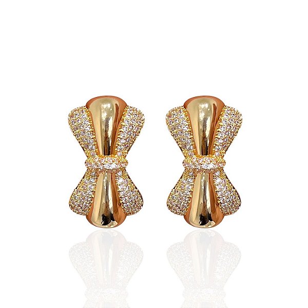 Brinco Folheado Ouro 18k e Prata 925 Laço Cravejado