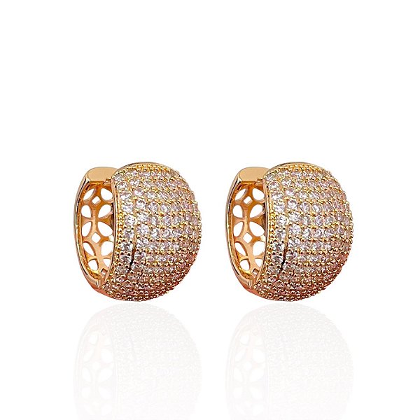 Brinco Folheado Ouro 18k e Prata 925 Redondo Cravejado