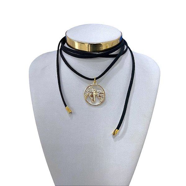Choker Couro Bijuteria Dourado Country Mandala Amazonas