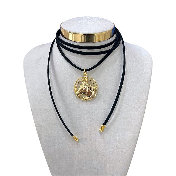 Choker Couro Bijuteria Dourado Country Cavalo