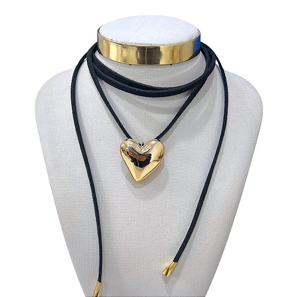Choker Couro Bijuteria Dourado Country Coração