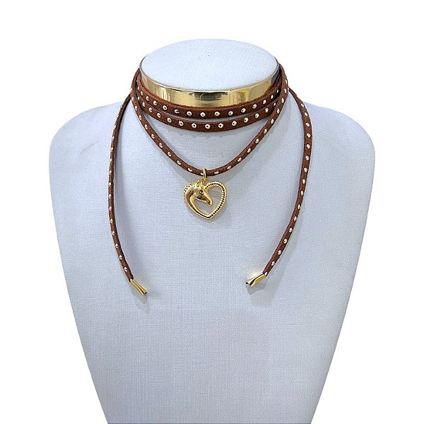 Choker Couro Bijuteria Dourado Country Coração Cavalo