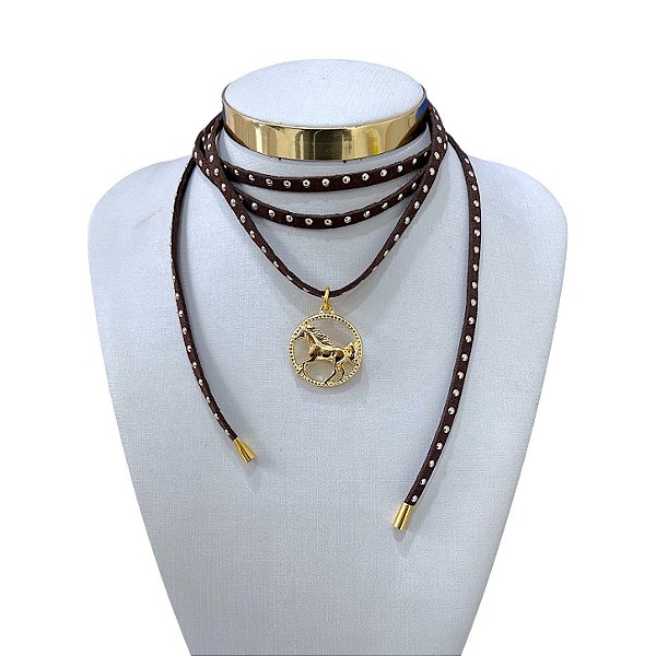 Choker Couro Bijuteria Dourado Country Cavalo