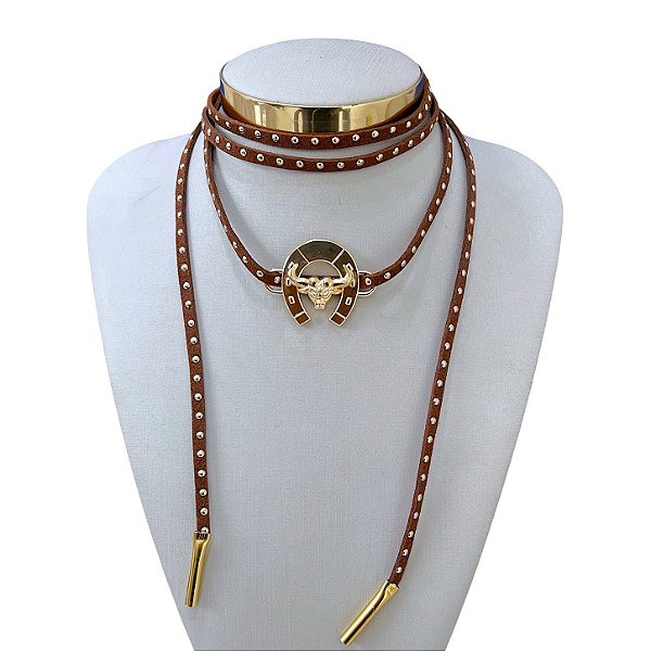 Choker Couro Bijuteria Dourado Country Ferradura Touro